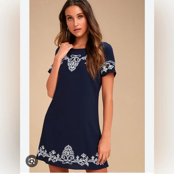 Lulu’s Navy and White Embroidered Dress - Picture 1 of 5